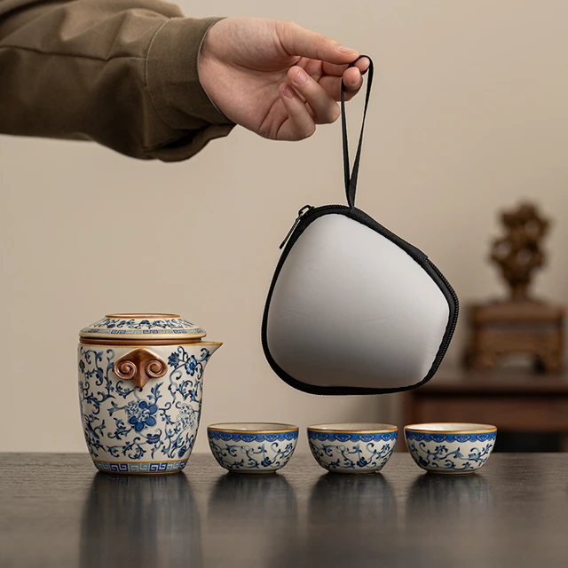 青花汝窑旅行茶具套装快客杯一壶二杯便携式茶杯茶壶收纳包定制