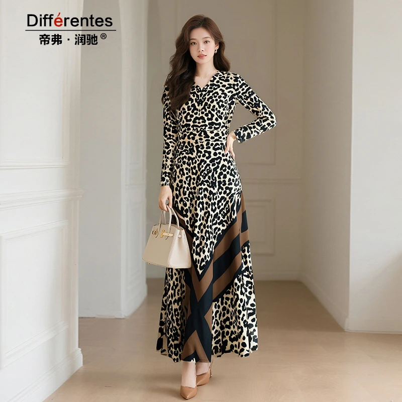 帝弗润驰秋季新款豹纹印花长袖连衣裙女优雅气质高档品牌长裙