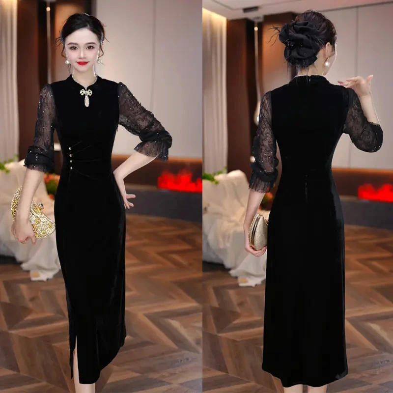【金玉满堂】2025秋季新款七夕显瘦洋气减龄轻奢女人味黑色连衣裙