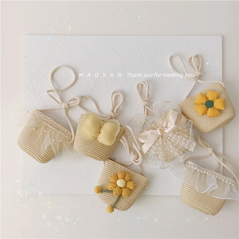 儿童单肩包ins甜美蝴蝶结珍珠花朵草编女童包包 宝宝凹造型斜挎包