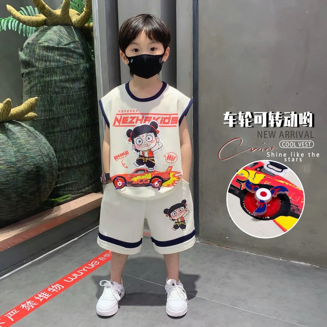 哪吒儿童衣服2025新款男童夏季套装运动时尚男孩无袖宝宝背心夏装