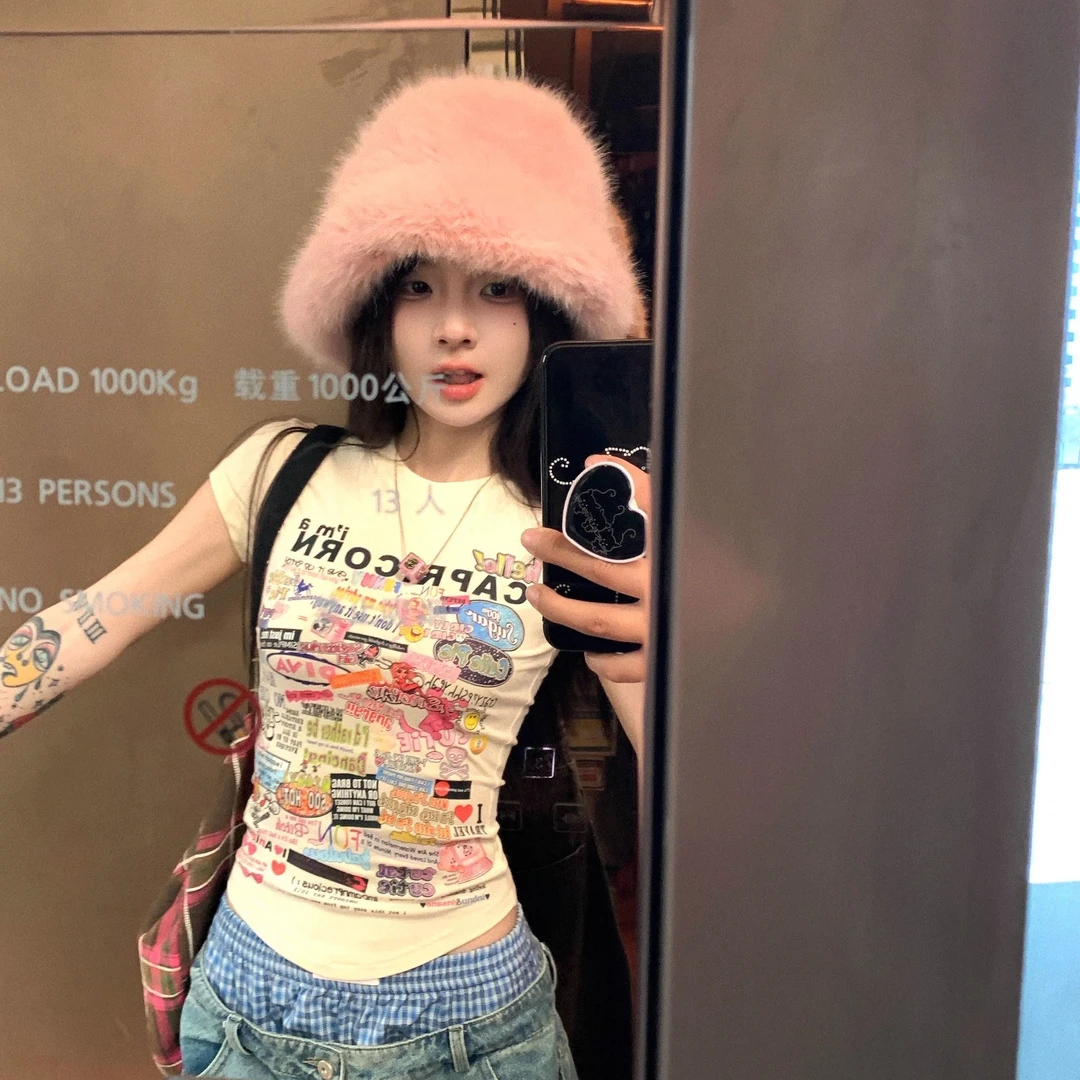 短袖女t恤正肩短款修身印花甜美夏季紧身韩版新款显瘦短袖上衣潮