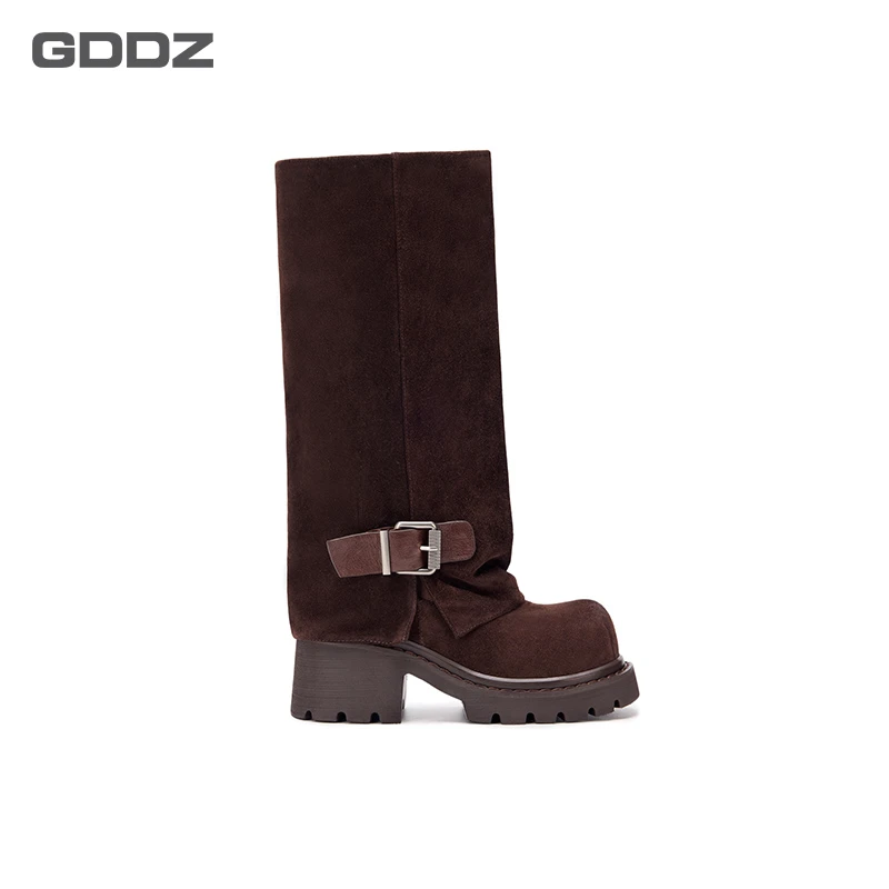 裤管靴女秋冬长靴真皮做旧粗高跟高筒宽筒靴显瘦堆堆靴GD-250850