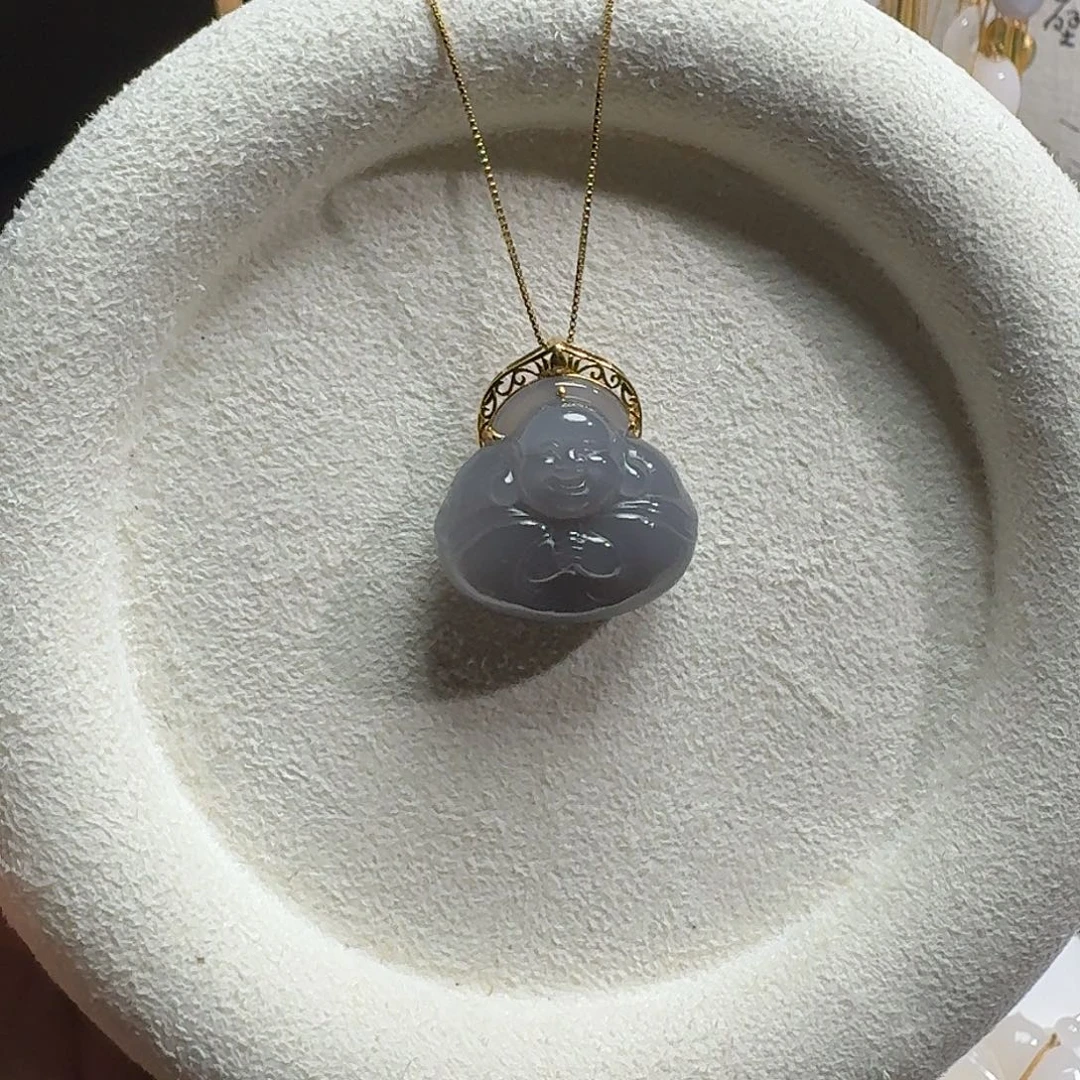 与***乐和田玉18K金镶嵌吊坠(赠链)烟紫抱抱佛