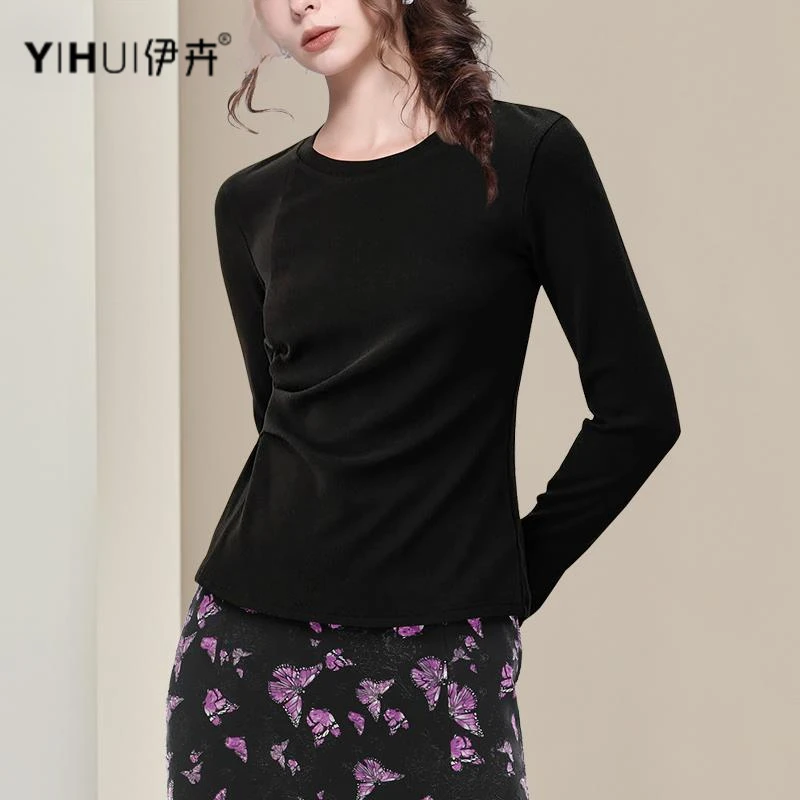 YIHUI伊卉欧洲站春装弹力设计感黑色t恤上衣女收腰打底衫SA255529