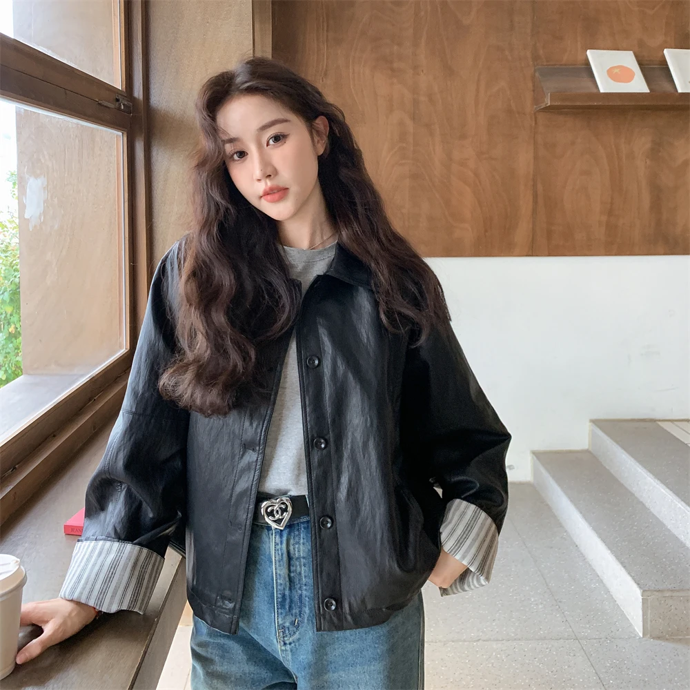 小个子黑色pu皮衣外套女2025秋季宽松休闲复古港风撞色机车夹克薄