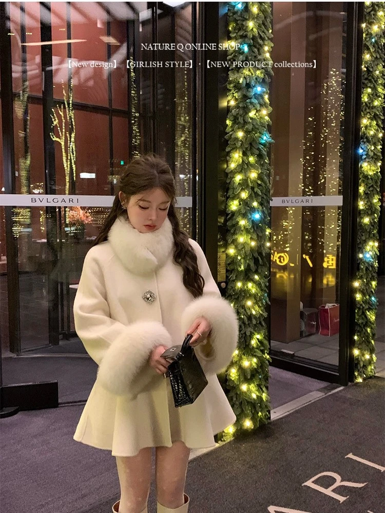 DayeeFur【霓虹甜心】新款带钻狐狸毛双面羊毛大衣小香风时髦千金感