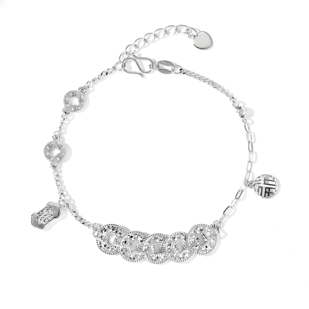 铂金Pt950如意福牌五帝钱手链爆闪碎碎冰百搭时尚个性铂金手链