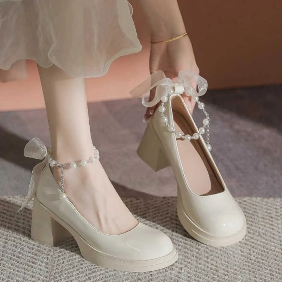 玛丽珍婚鞋女白色粗跟伴娘鞋主婚纱鞋不累脚日常可穿一字带高跟鞋