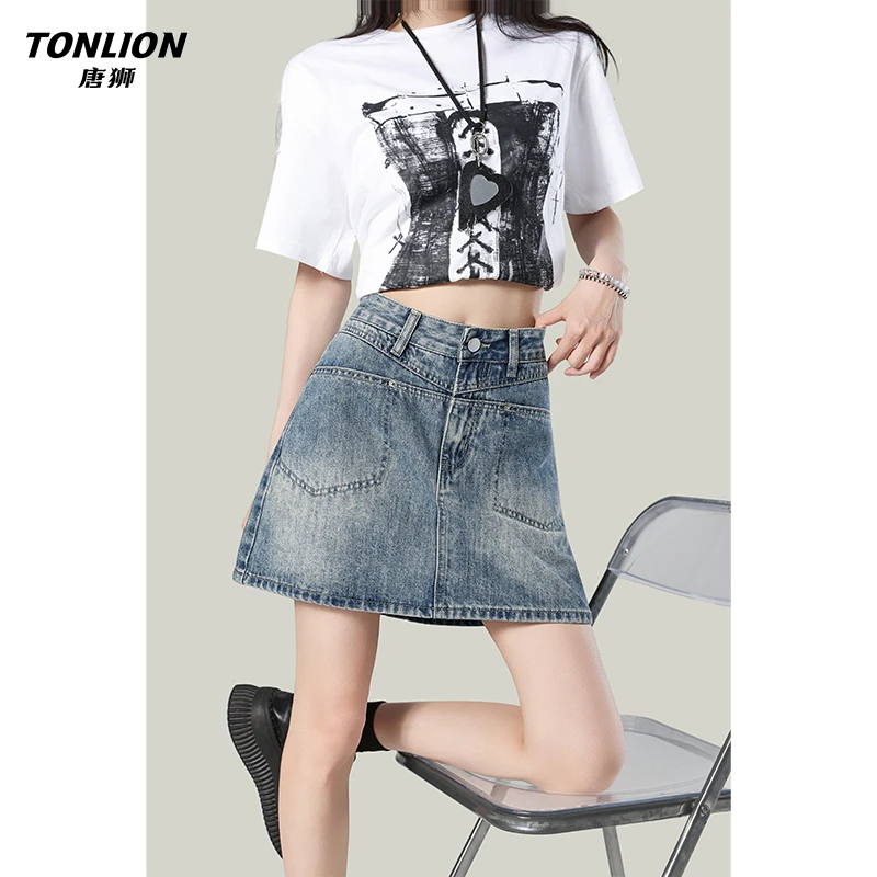 唐狮复古蓝高腰牛仔半身裙女梨形收胯A字裙小个子美式包臀短裙子