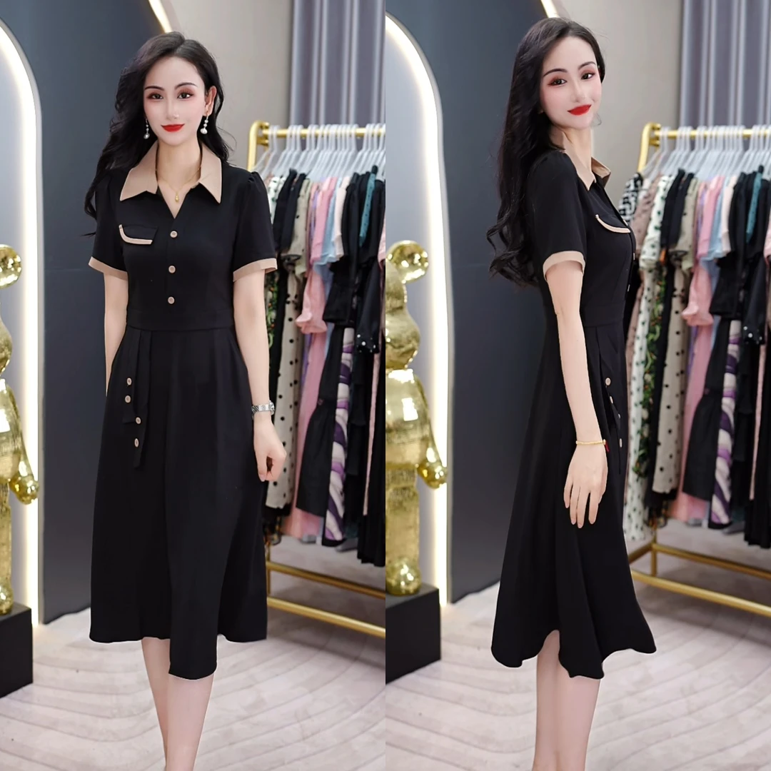 2025夏季新款短袖时尚修身气质收腰假两件冰丝连衣裙