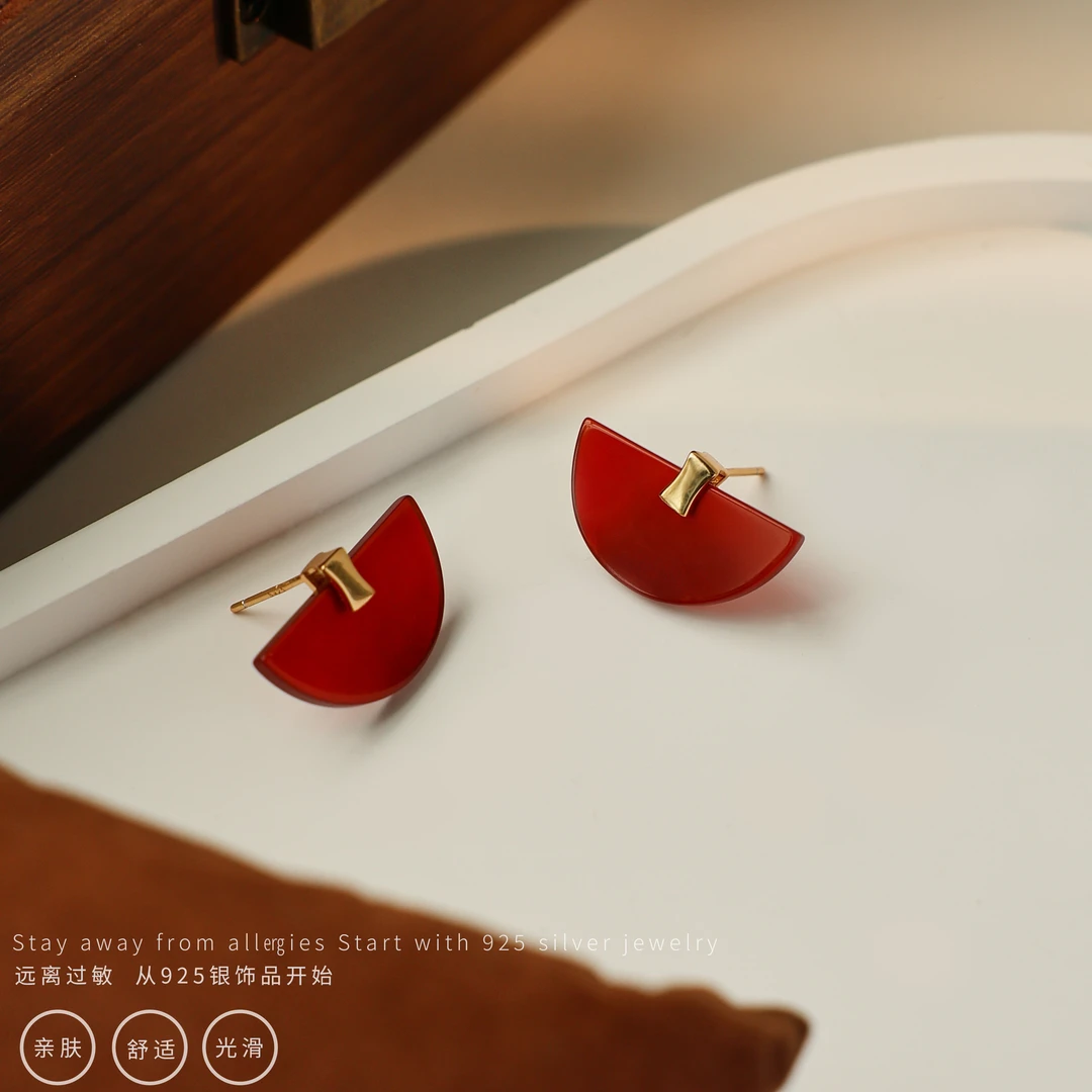 丽沁 925银耳饰 折扇经典燕尾榫耳钉复古红色简约气质设计感耳饰