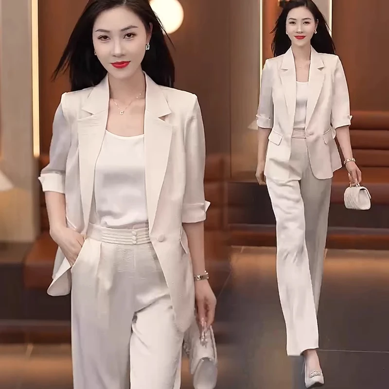 垂感阔腿裤西服套装女夏2025年夏季新款气质仿冰丝缎面西服三件套