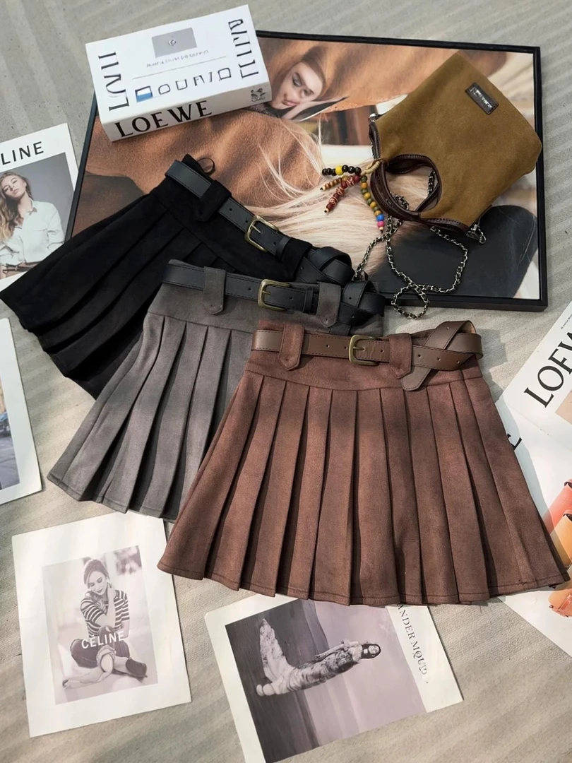 鹿皮绒秋冬半身裙女短款百褶裙2025新款高腰显瘦百搭A字短裙遮胯