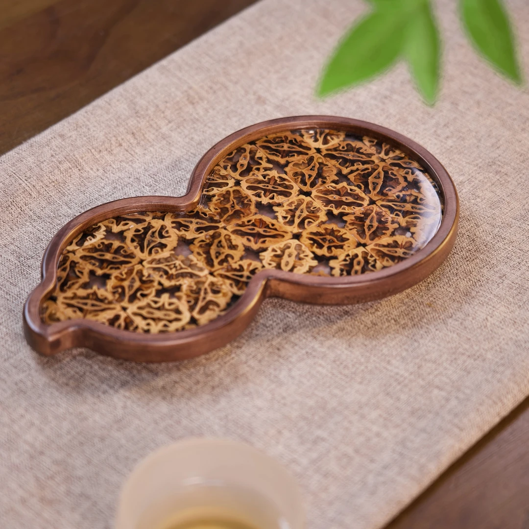 核桃葫芦茶盘树脂圆茶盘简约高档茶道托盘手工家用纯手工复古