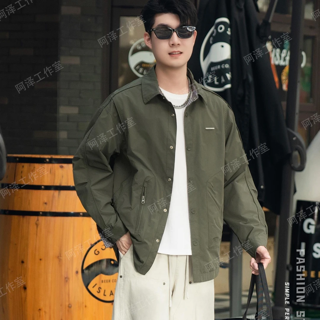 老钱风复古格纹内衬双面穿痞帅工装外套男士秋季新款飞行员夹克