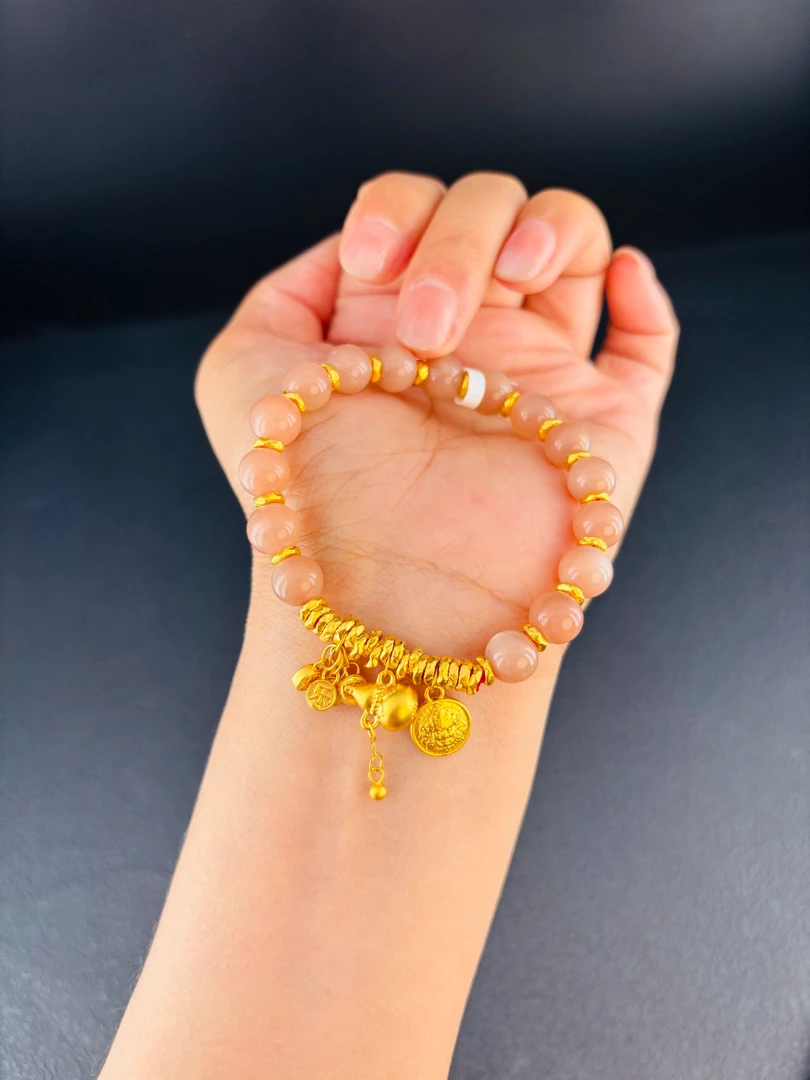 足金 999 黄金流苏葫芦 盘缠 搭太阳藕粉色 黄金手串黄财神