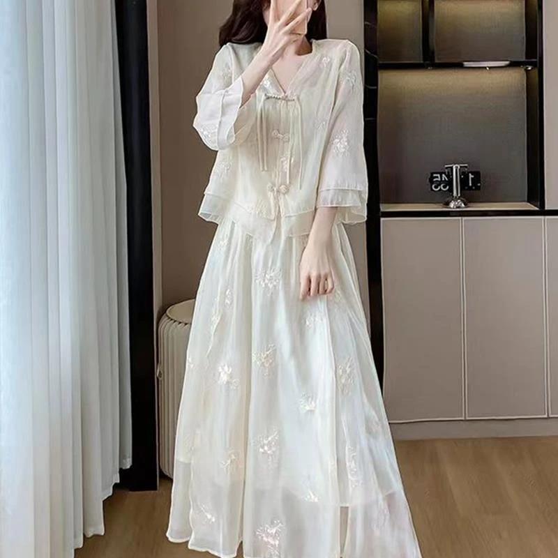 FAVMARTHA大码女装新中式重工刺绣假两件短袖连衣裙夏季气质显瘦