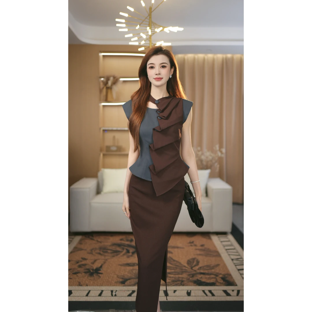 罗曼定制 原创设计收腰修身上衣+气质名媛包臀半身裙套装两件套