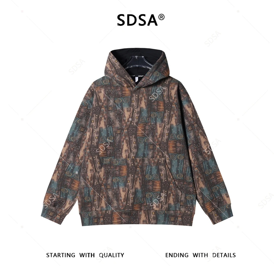 SDSA男士秋冬新款痞帅男装美式复古抽绳图案连帽卫衣百搭时尚上衣