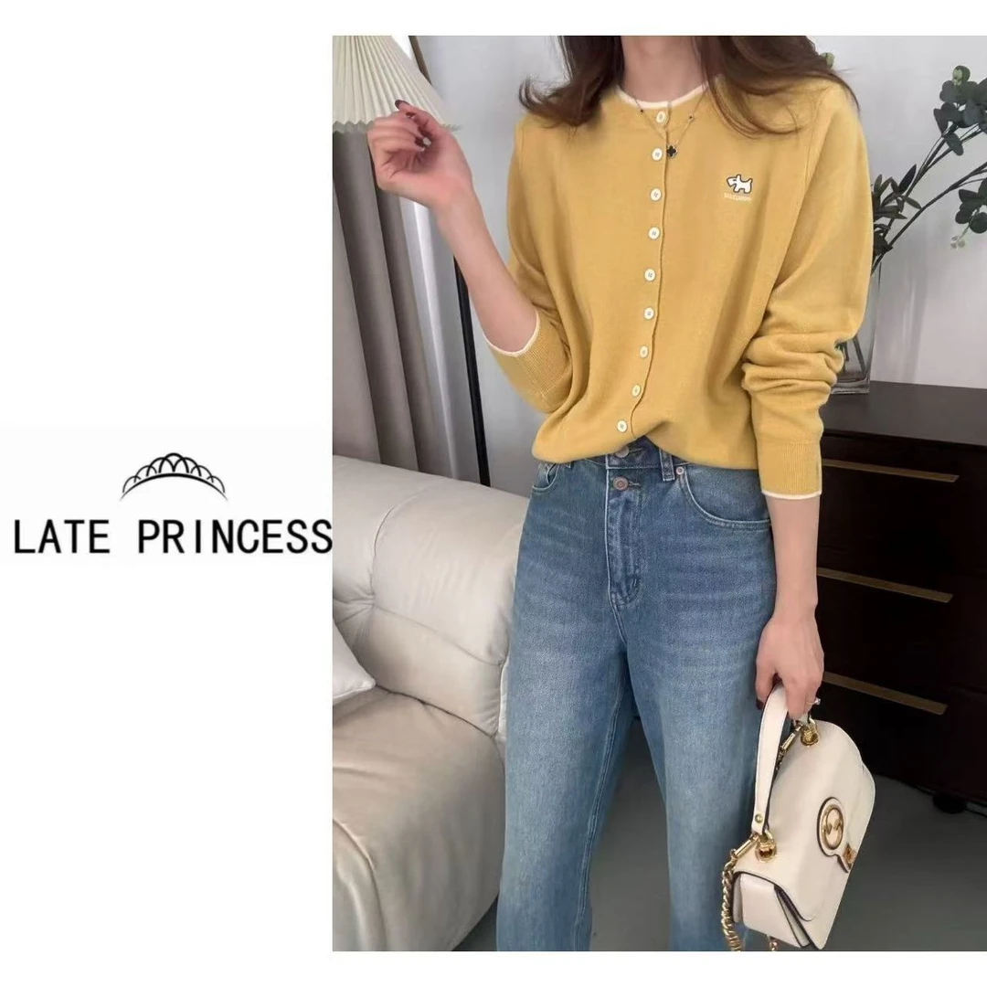 LATE PRINCESS【迷之】别致卡通小狗刺绣拼色宽松针织开衫上衣