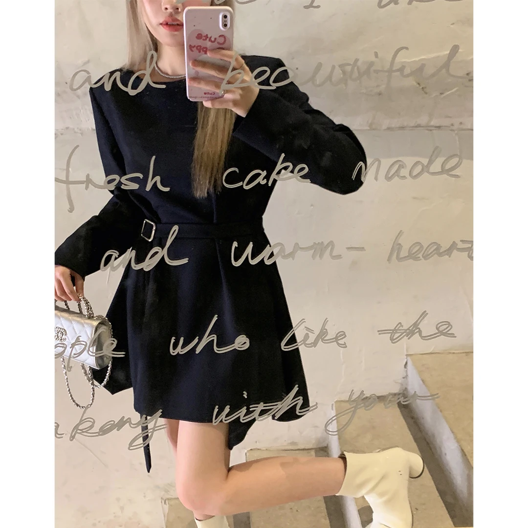 晶咕白标~蓝海之谜~带腰带不规则A字摆长短款连衣裙复古气质裙子