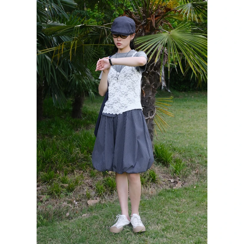 百武西“紫藤花”法式文艺蓬蓬裙格纹花苞A字宽松短款半裙 8717