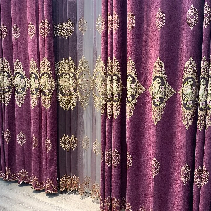 玲***玲涤纶布小镂空重工刺绣紫色窗帘