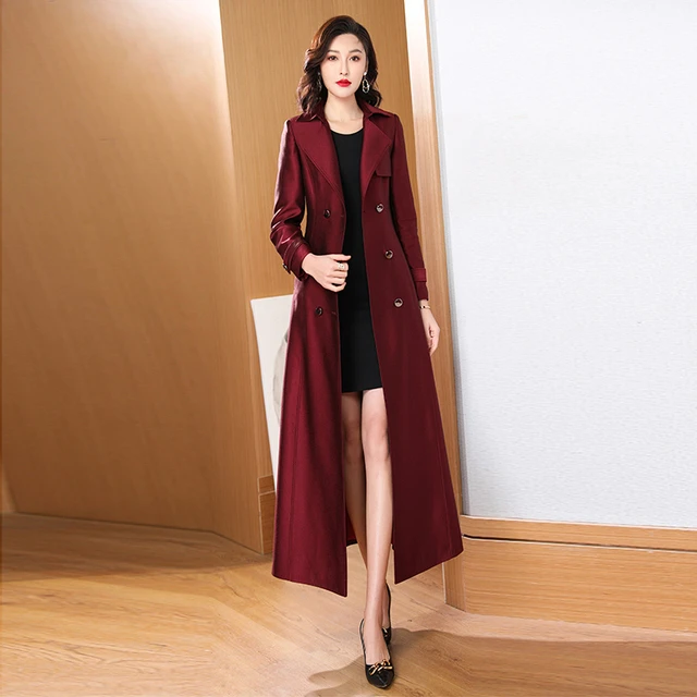 酒红色风衣春秋女修身2025年新款高级感流行外套长款过膝大衣3113