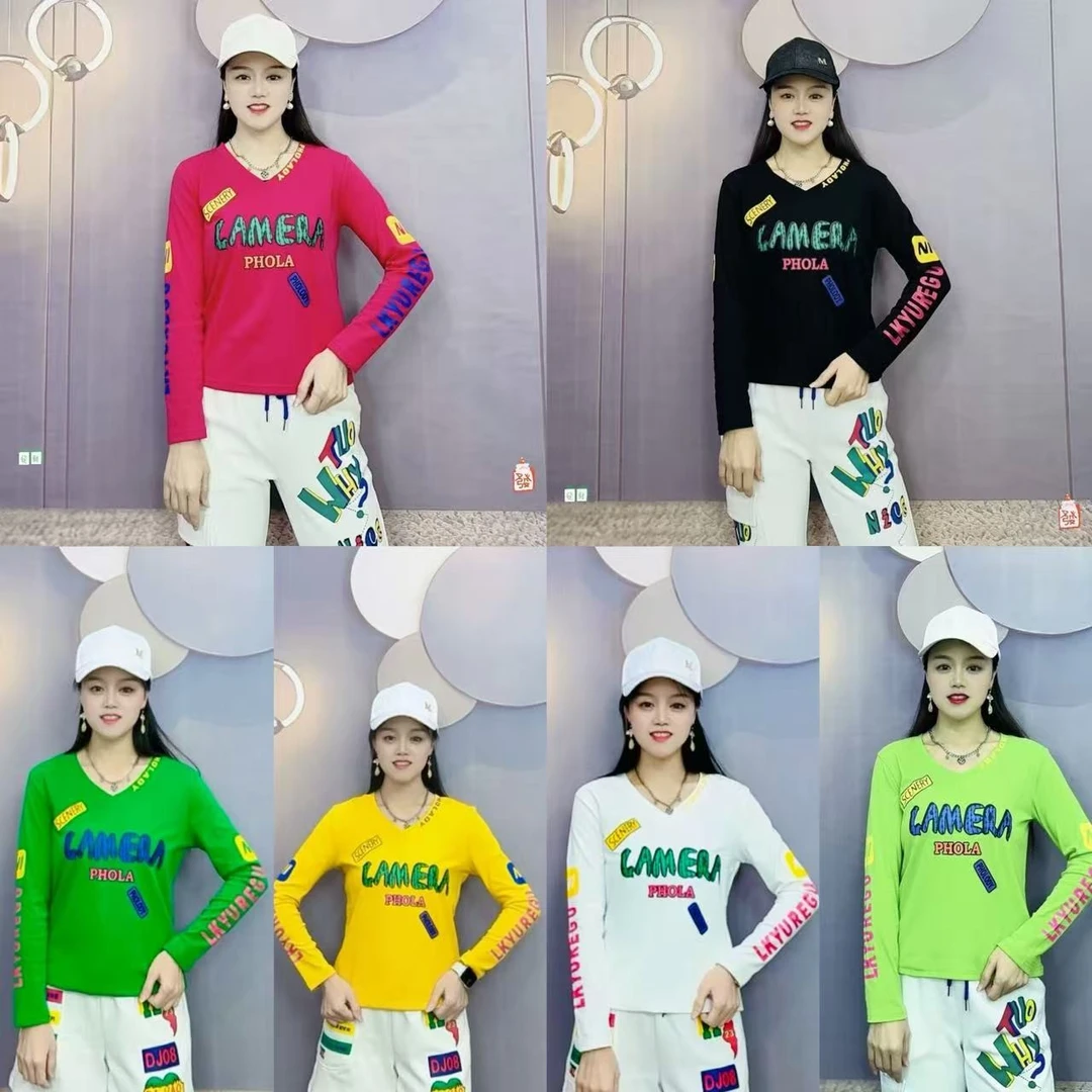 V领 T H.8168春秋季时尚弹力休闲印花显瘦显气质百搭洋气运动长袖