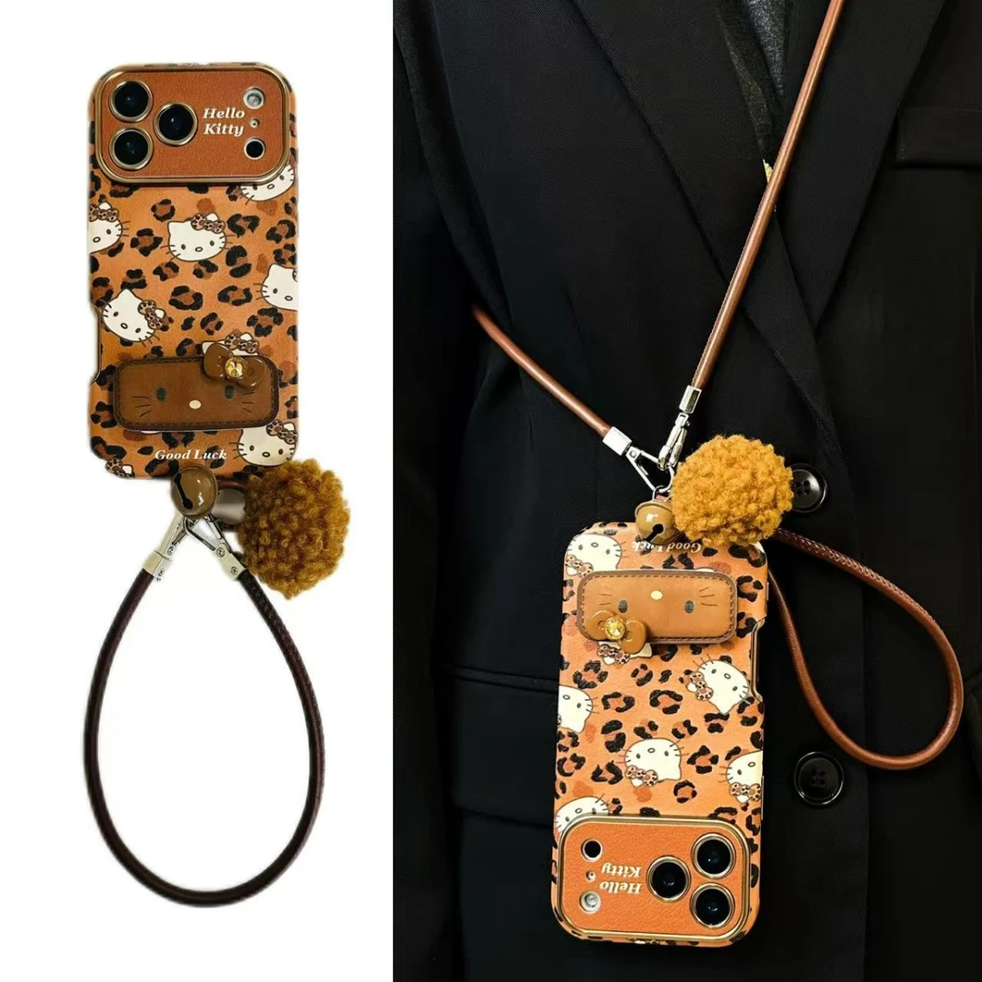 豹纹满屏KT猫大视窗支架适用iPhone17promax苹果16手机壳15斜挎14