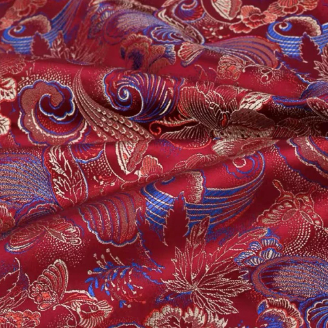 酒红色蝶恋花织锦缎面料幅宽70公分
