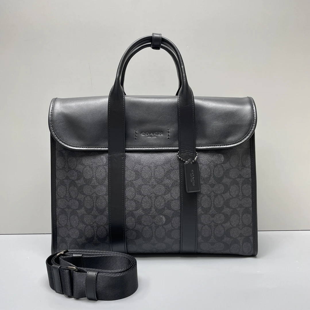 95新 COACH/蔻驰 小林/男士黑拼老花公文包38*30*9cmB092205