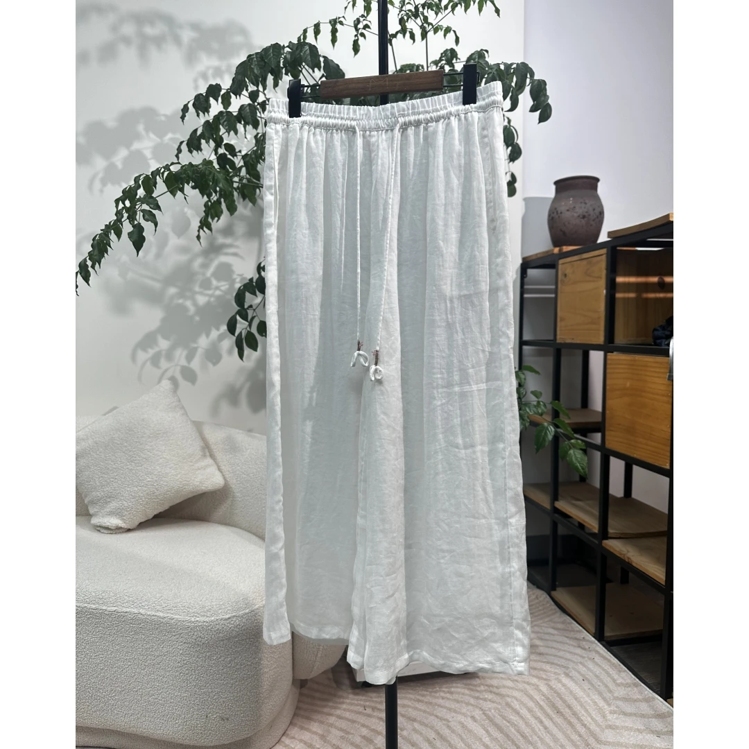 S116-L/XL 苎麻裤子女装复古文艺抽绳双层松紧腰宽松百搭长裤2025