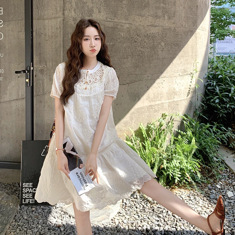 法式蕾丝花边泡泡袖连衣裙女小个子夏2025新款气质减龄短裙娃娃裙