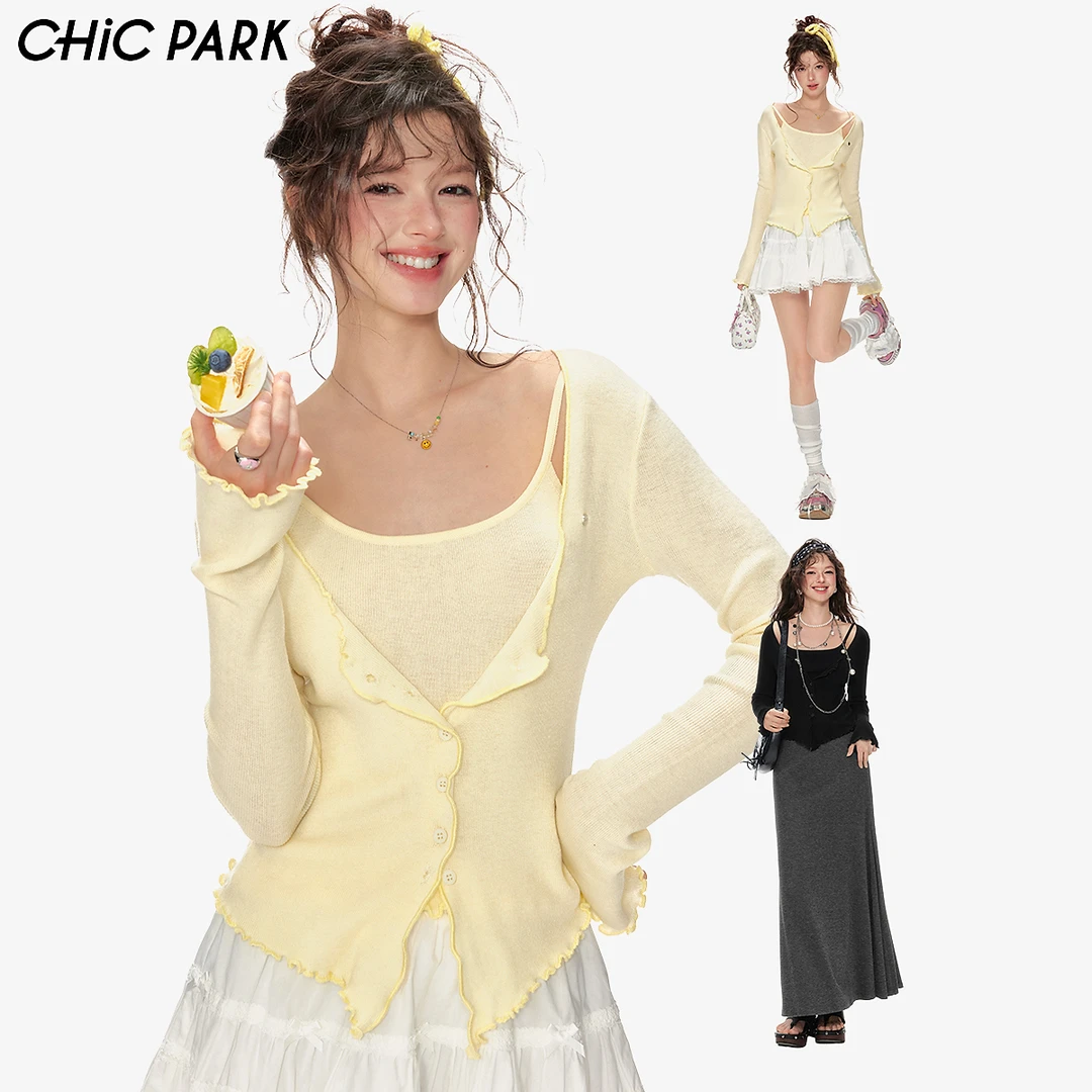 CHiCPARK复古甜美俏皮荷叶边校园风吊带层次感假两件针织衫FAE010