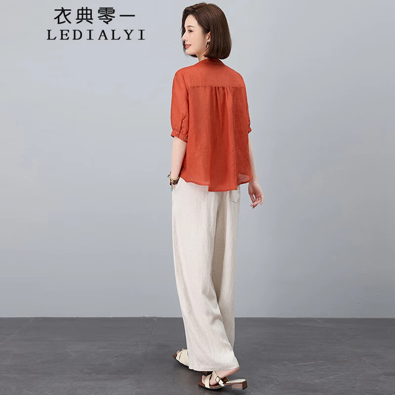 新中式国风棉麻套装女2025夏季新款苎麻衬衫妈妈一整套高端两件套