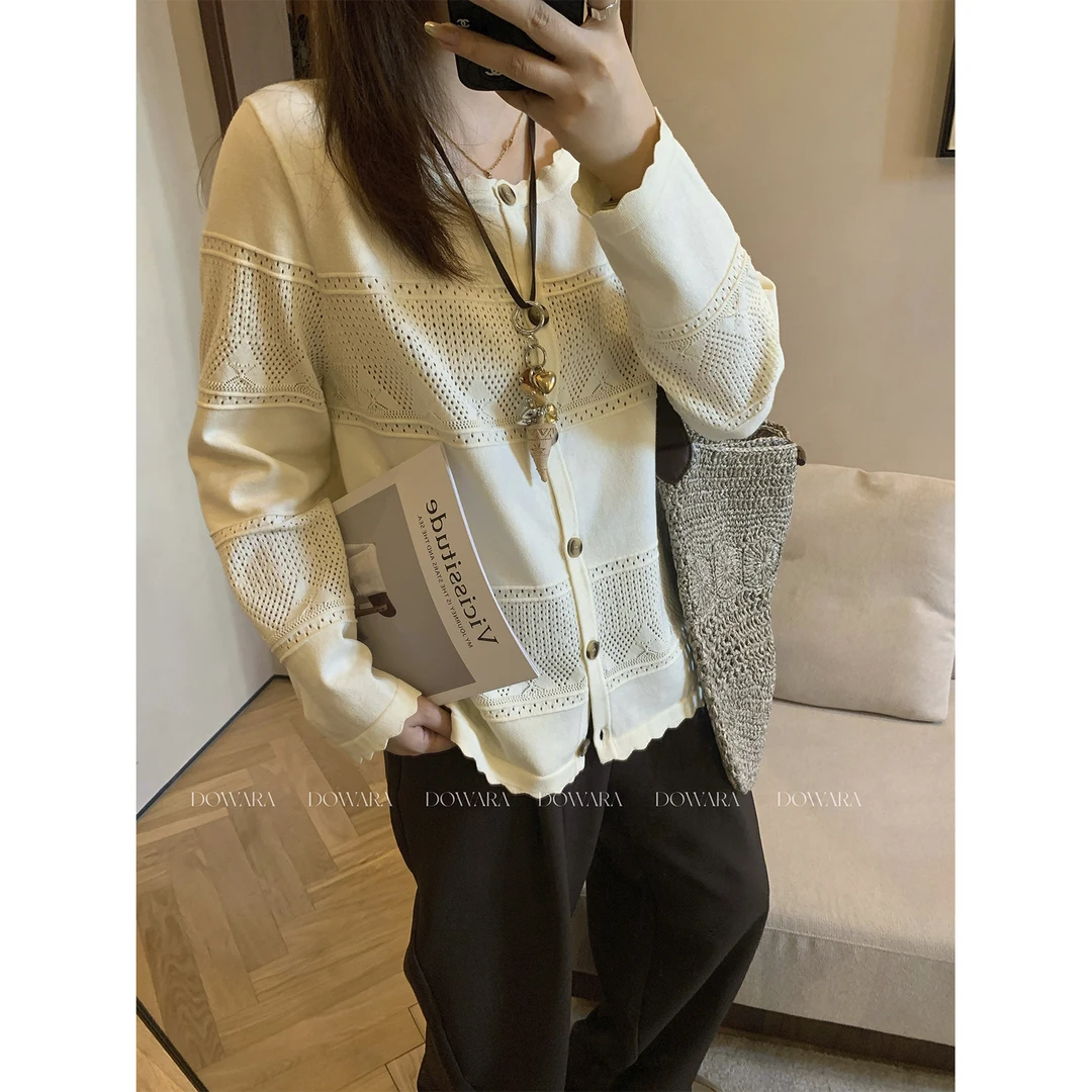 现货大婉酱微胖定制法式镂空针织开衫秋季透气休闲百搭上衣 8909D