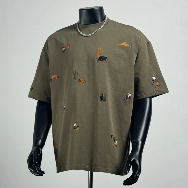 超大码300斤重工刺绣宽松短袖T恤夏季青少年复古休闲慵懒痞帅上衣