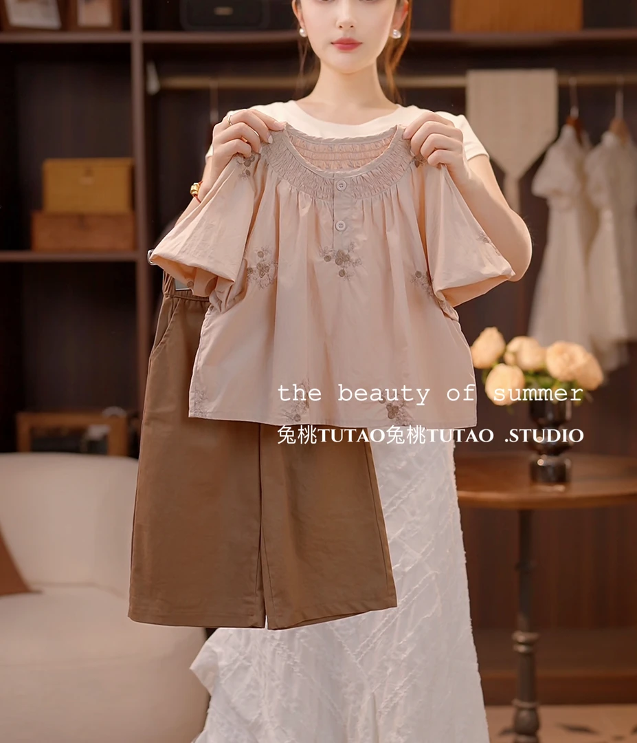 女童2025夏款新款女童森系甜美刺绣衬衫上衣+直筒休闲裤两件套装
