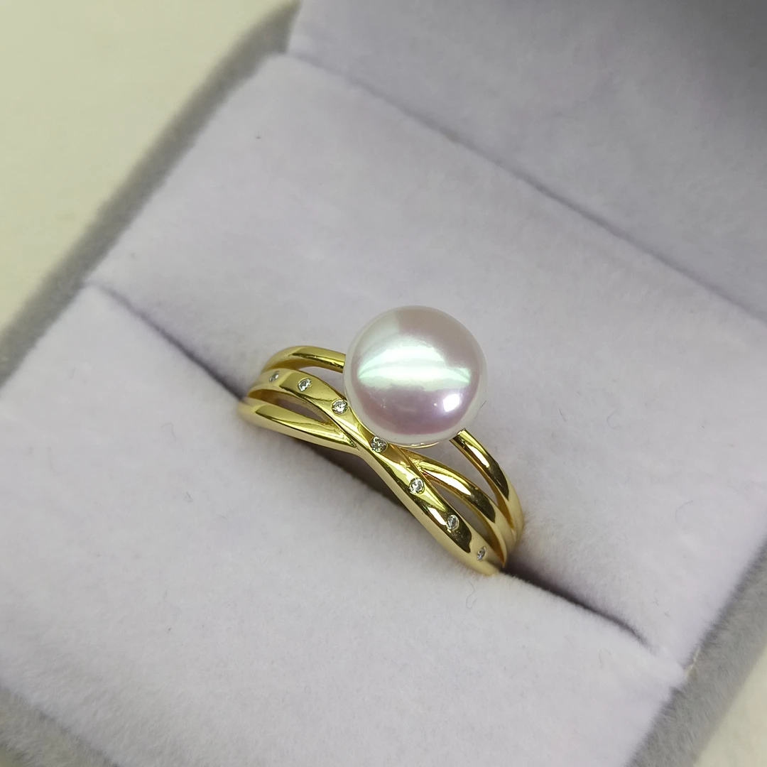 【瑞米珍珠】淡水多圈镶锆S925银戒指8-9mm