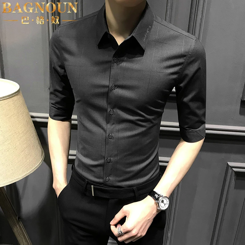 巴格奴短袖衬衫男士夏季新款时尚高端中袖修身款刺绣商务休闲衬衣
