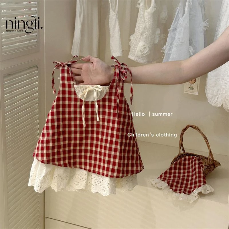 送发箍！！女童新款红色格子森系连衣裙春夏季儿童女宝宝背心裙潮流