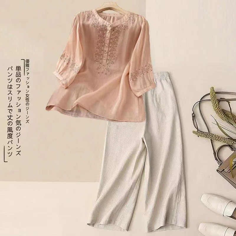 【现货+运费险】复古棉麻套装女五分袖小衫宽松遮肚刺绣两件套V1003