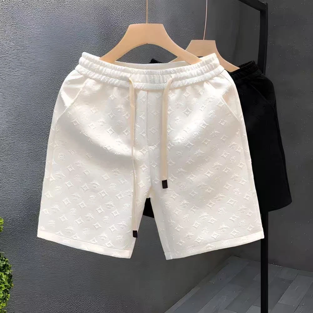 轻奢潮牌风格白色提花短裤男款夏季潮牌五分裤2024新款男士半截裤
