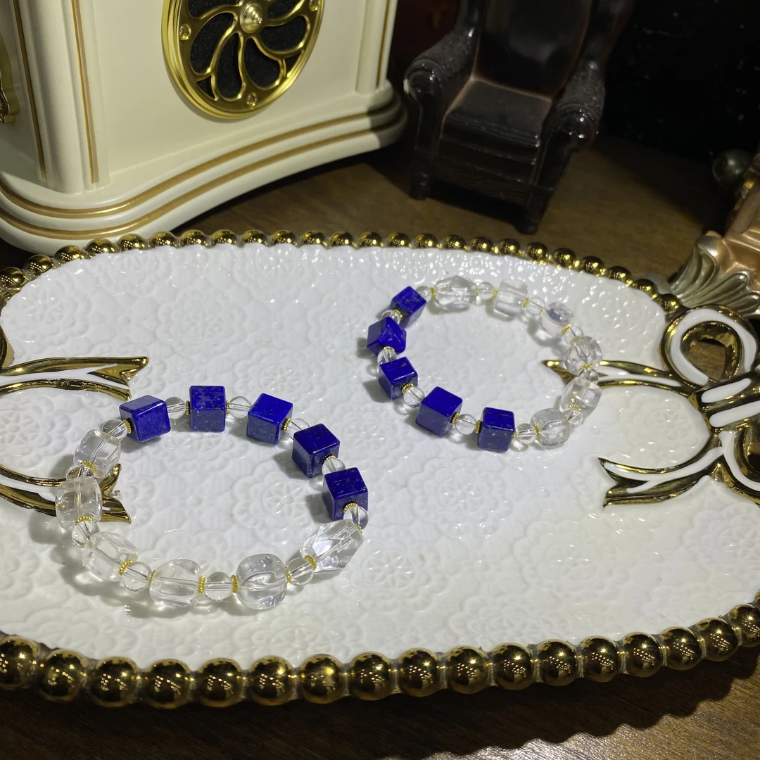 D41-天然白水晶搭配青金石方糖手串单圈设计款-多样性发其一