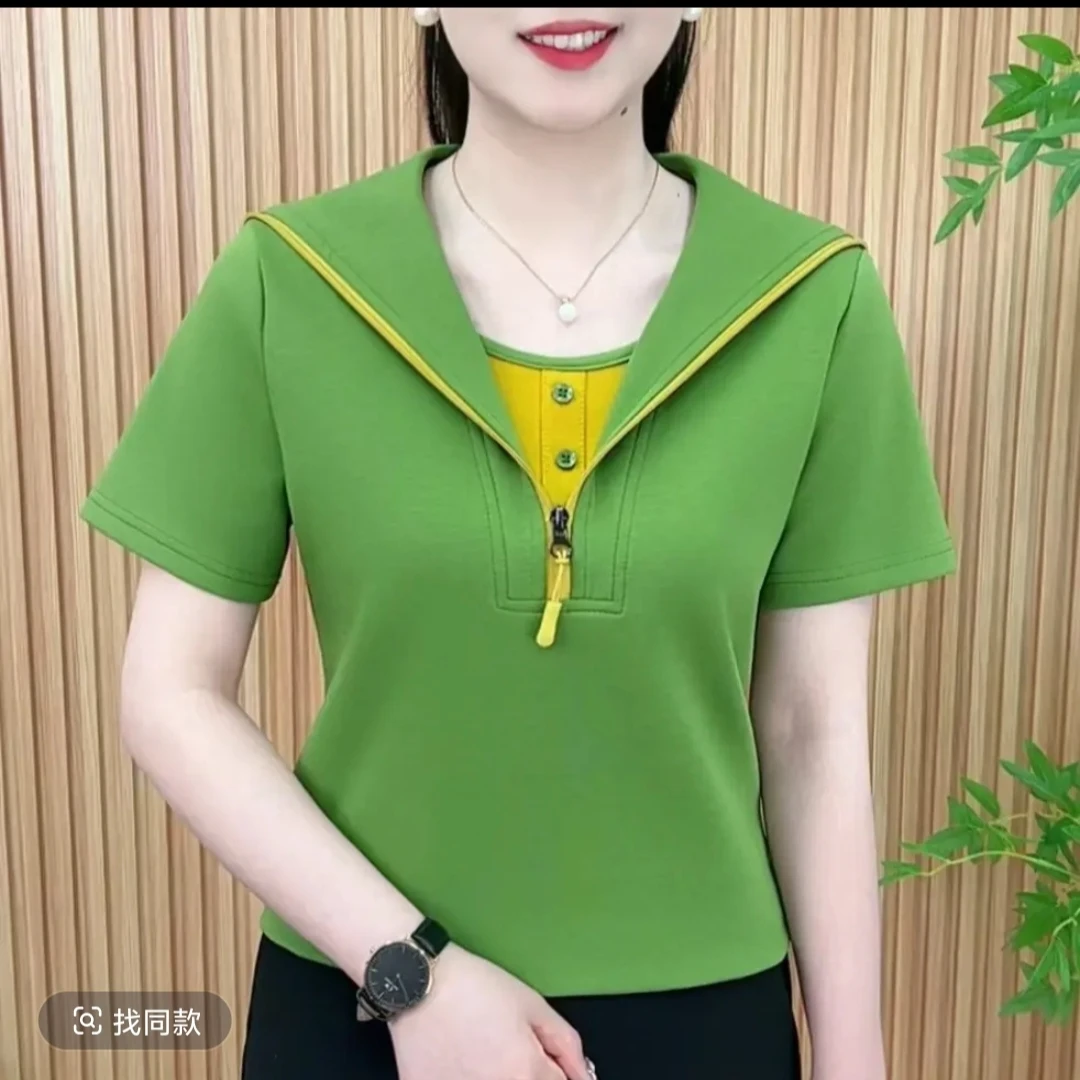 2025夏季时尚洋气新品纯色假两件拉链百搭遮肚子显瘦休闲短袖上衣