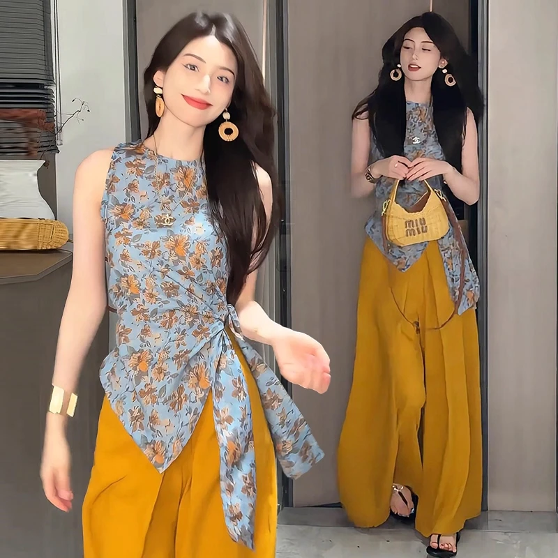时尚套装女2025夏新款时髦洋气设计感碎花无袖上衣阔腿裤两件套潮