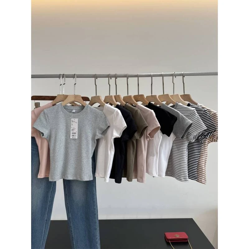 夏季新款修身显瘦弹力圆领短袖T恤打底衫短款辣妹T上衣女