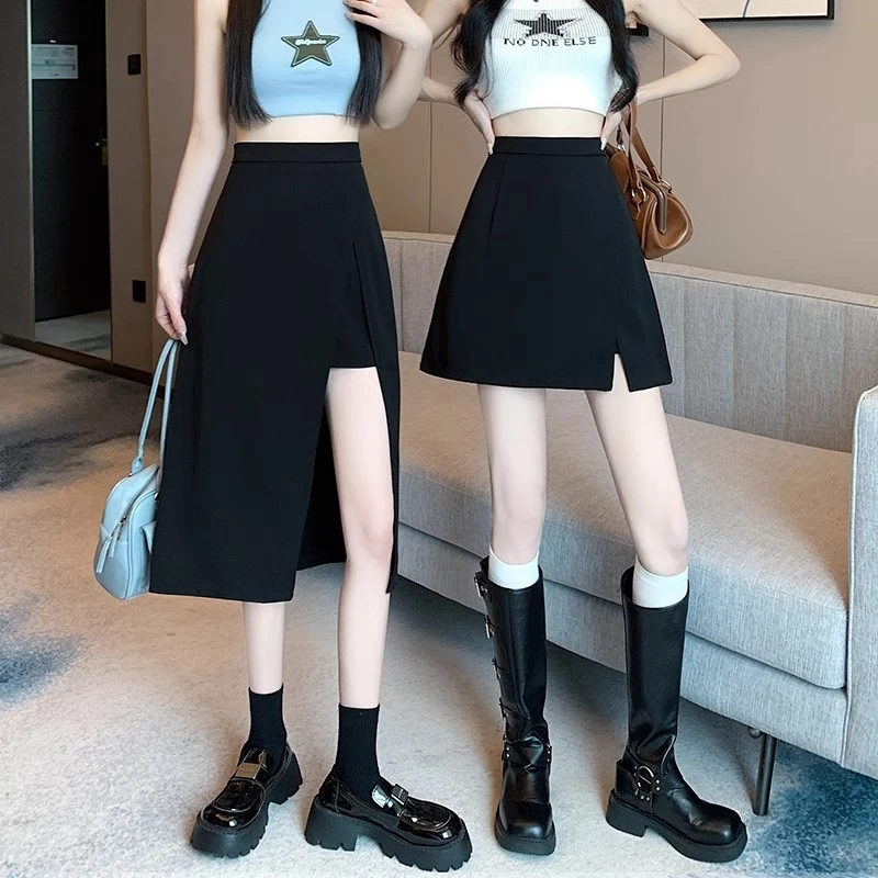 黑色不规则半身裤裙女夏季小个子中长款防走光A字开叉显瘦包臀裙